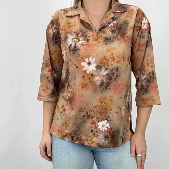Vintage Handmade Floral Cropped Sleeve Collared Top - Picture 4 of 6